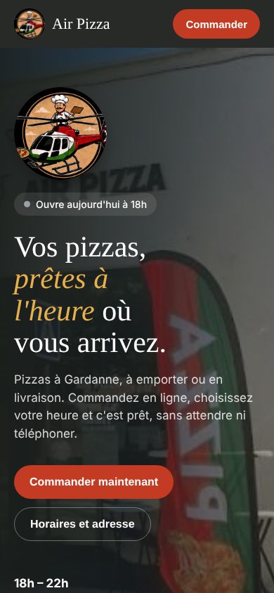Le site Air Pizza sur téléphone, avec la carte et le bouton Finaliser